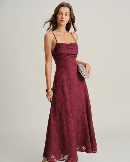 Bordo Jakarlı Slip Maxi Elbise