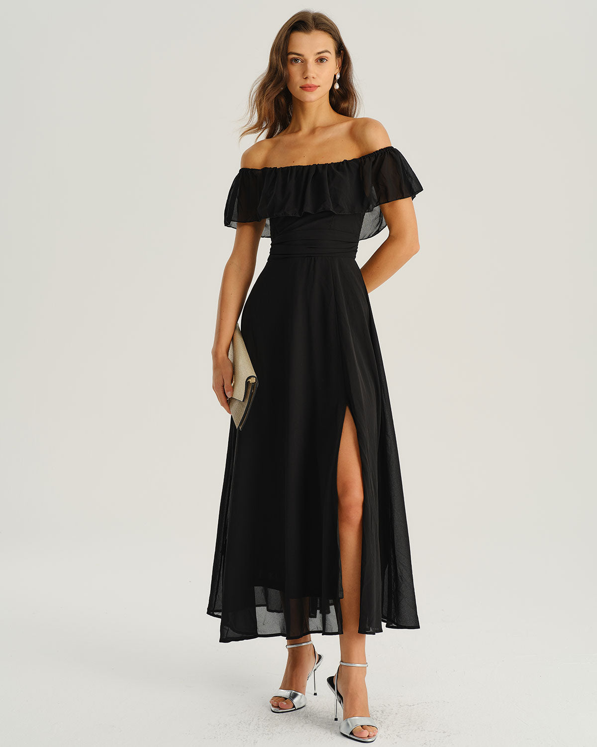 Siyah Off The Shoulder A Kesim Maxi Elbise