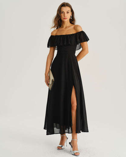 Siyah Off The Shoulder A Kesim Maxi Elbise