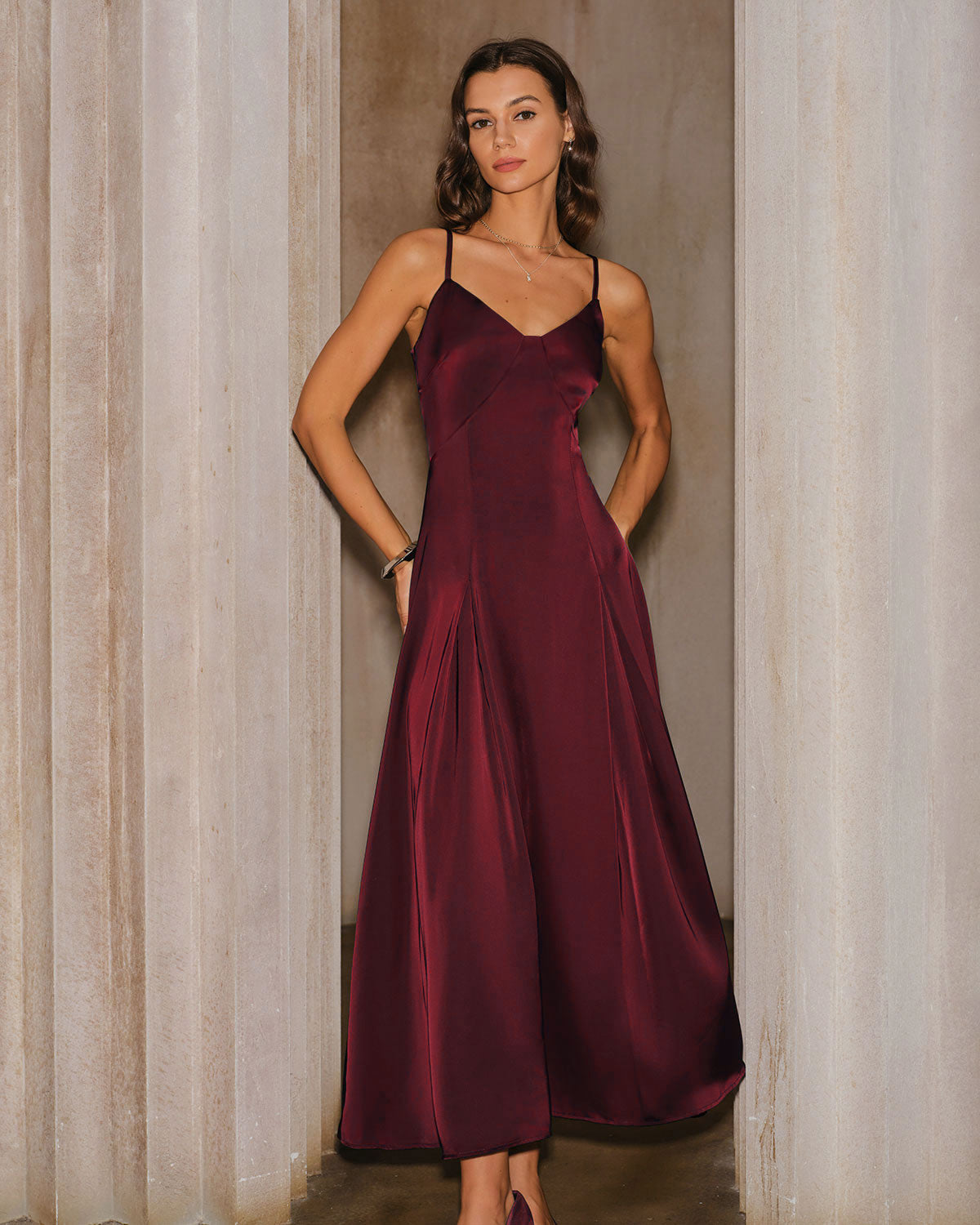 Bordo Saten A Kesim Slip Maxi Elbise