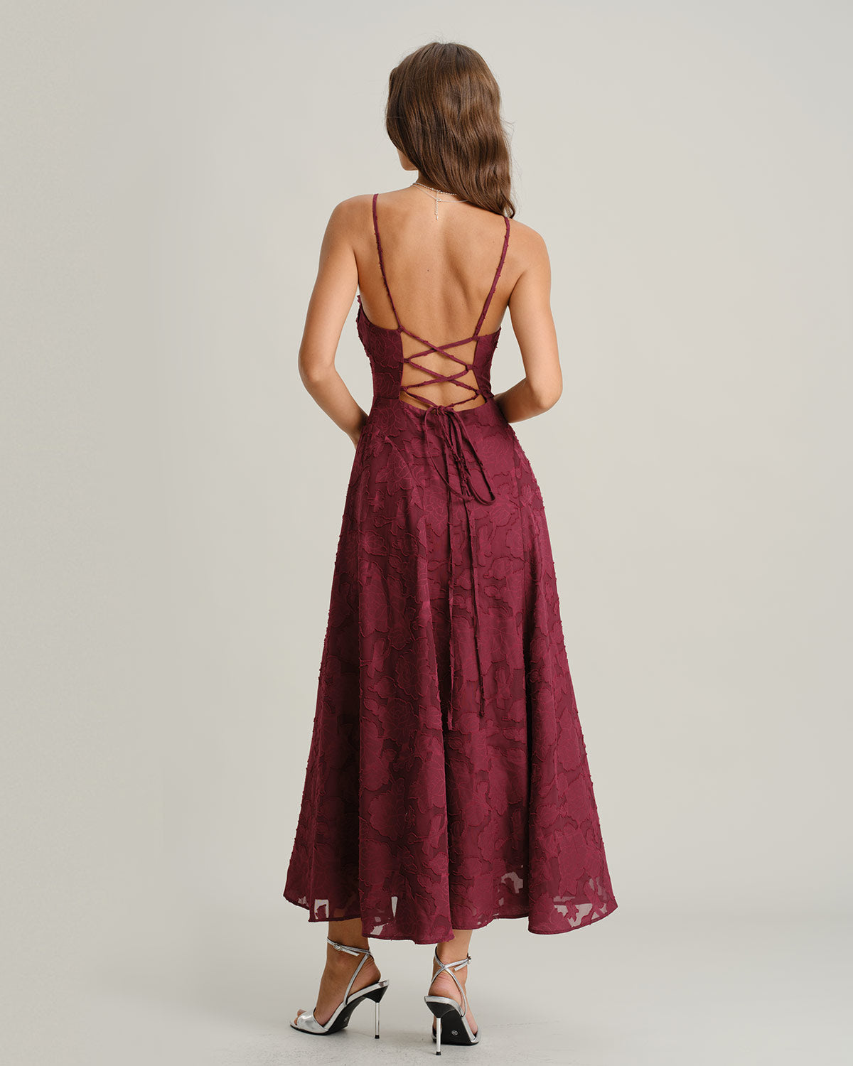 Bordo Jakarlı Slip Maxi Elbise