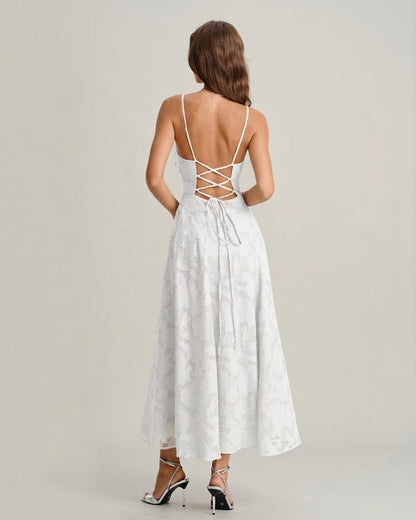 Beyaz Çapraz Jakarlı Slip Maxi Elbise