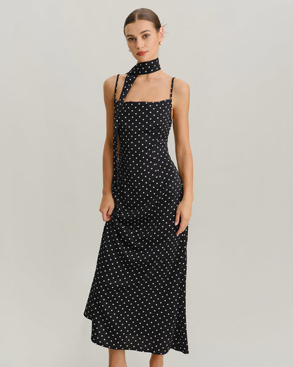 Siyah Puantiyeli Degaje Yaka Slip Maxi Elbise