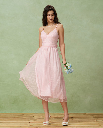 Pembe V Yaka Sırtı Açık Slip Midi Elbise