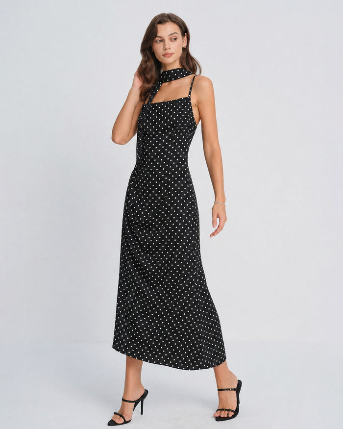 Siyah Puantiyeli Degaje Yaka Slip Maxi Elbise