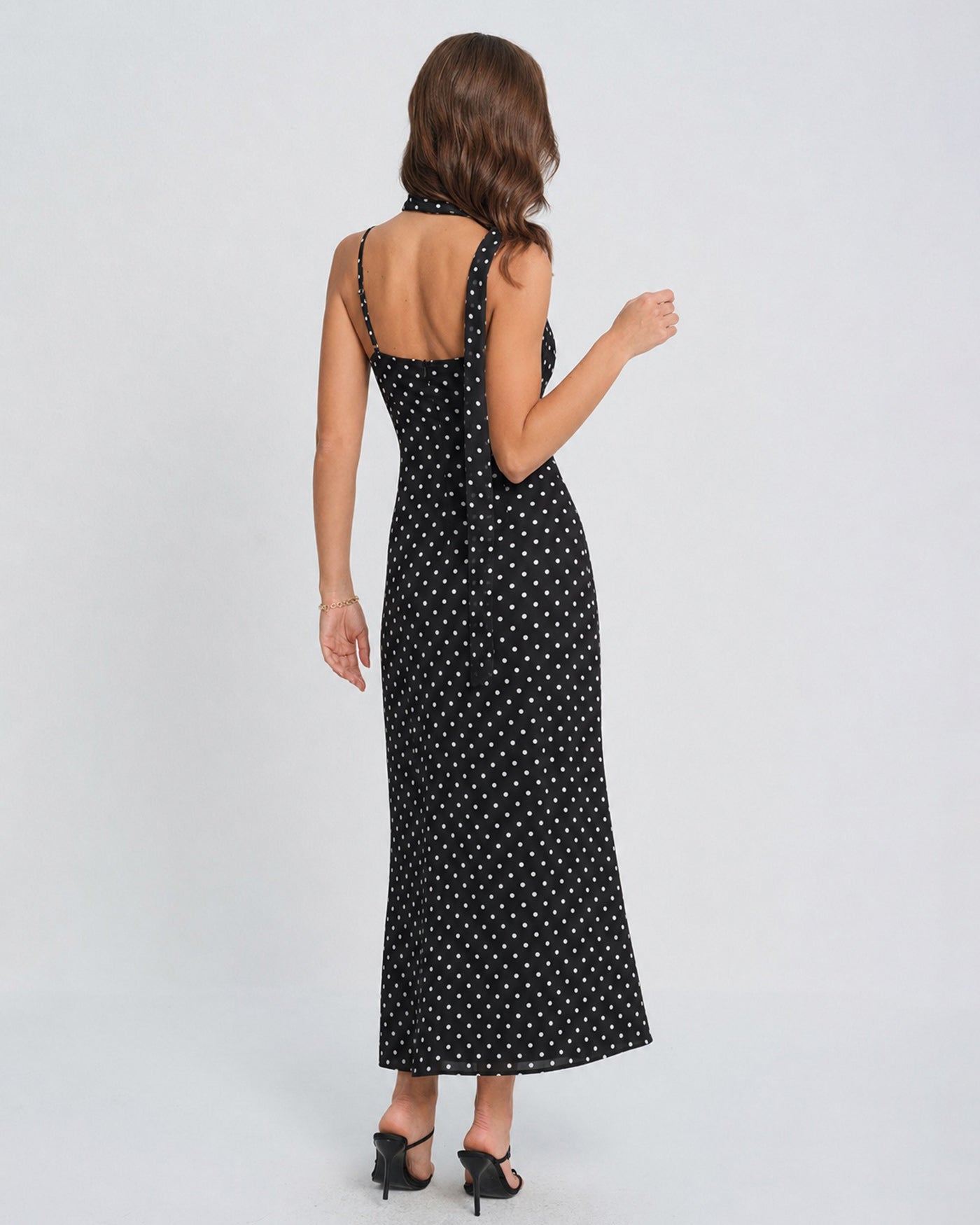 Siyah Puantiyeli Degaje Yaka Slip Maxi Elbise