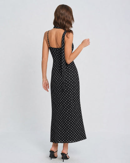 Siyah Puantiyeli Degaje Yaka Slip Maxi Elbise