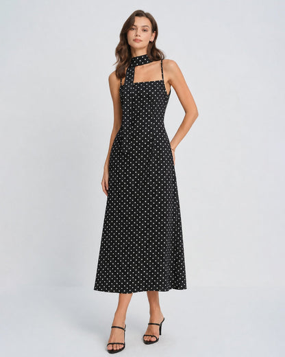 Siyah Puantiyeli Degaje Yaka Slip Maxi Elbise