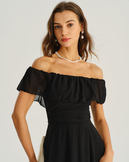 Siyah Off The Shoulder A Kesim Maxi Elbise