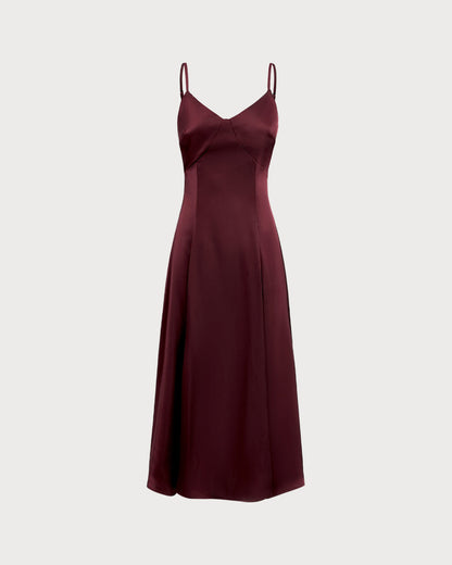 Bordo Saten A Kesim Slip Maxi Elbise