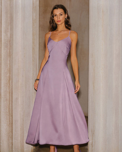 Mor Saten Slip Maxi Elbise