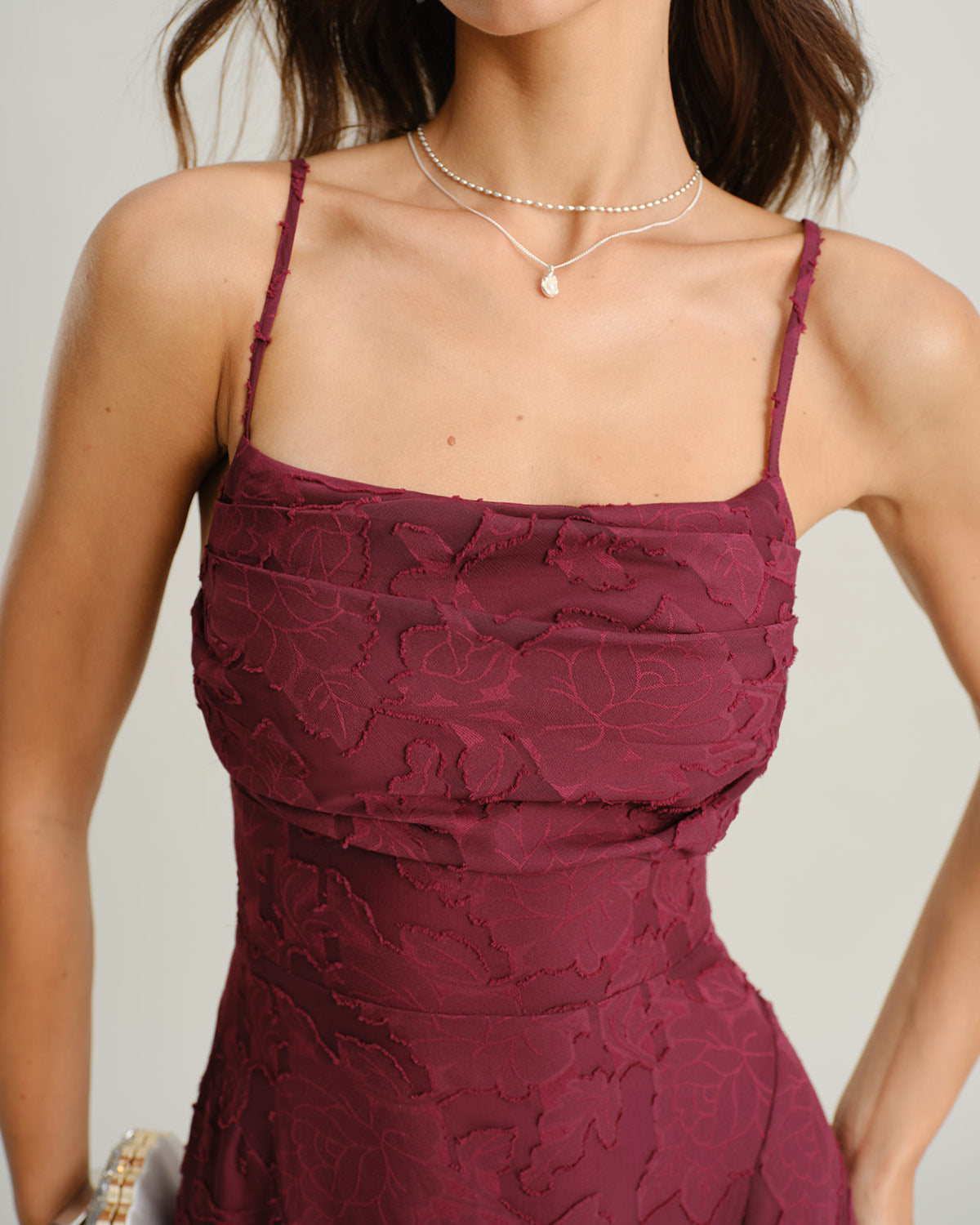 Bordo Jakarlı Slip Maxi Elbise