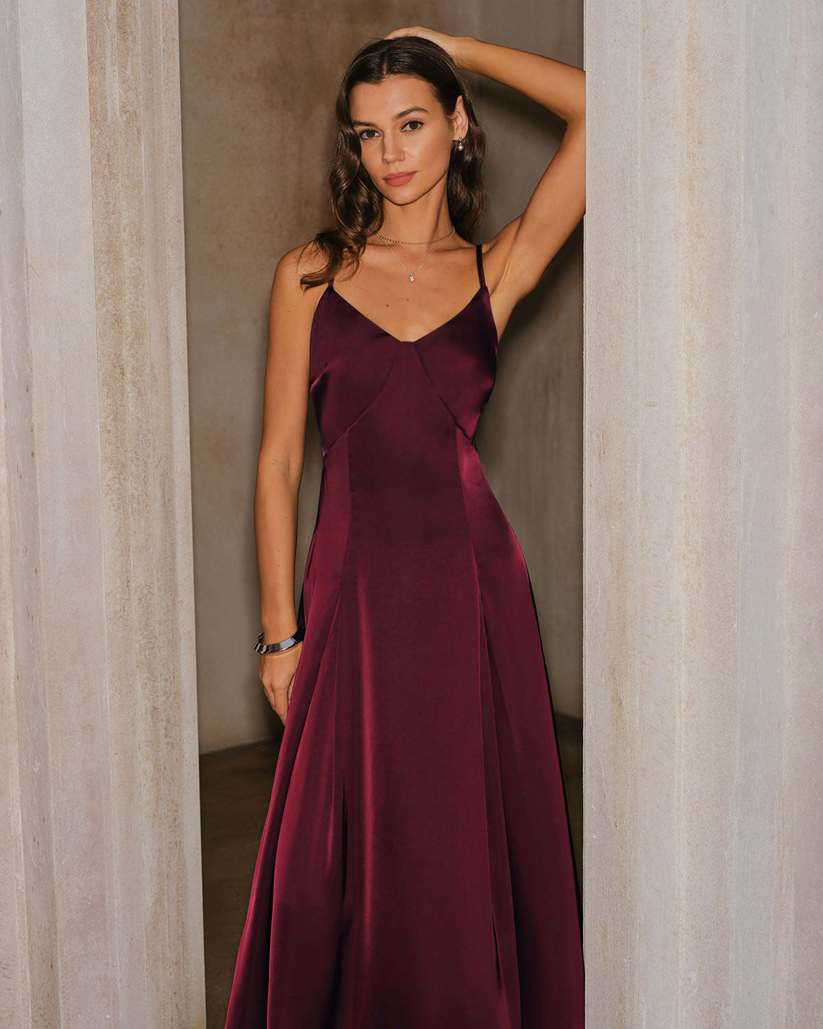 Bordo Saten A Kesim Slip Maxi Elbise