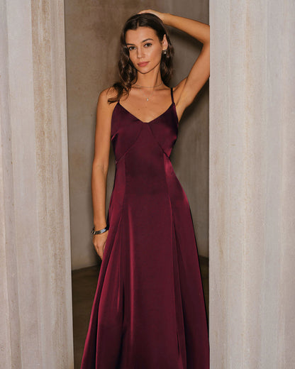 Bordo Saten A Kesim Slip Maxi Elbise