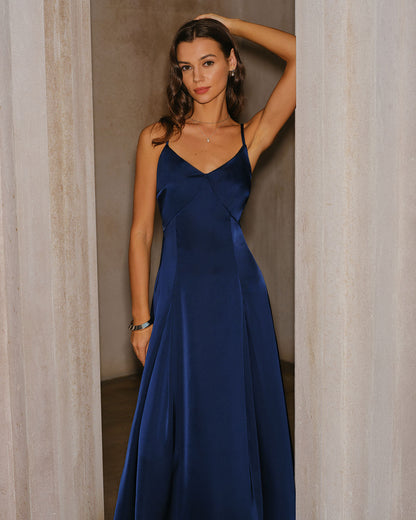 Lacivert A Kesim Slip Maxi Elbise