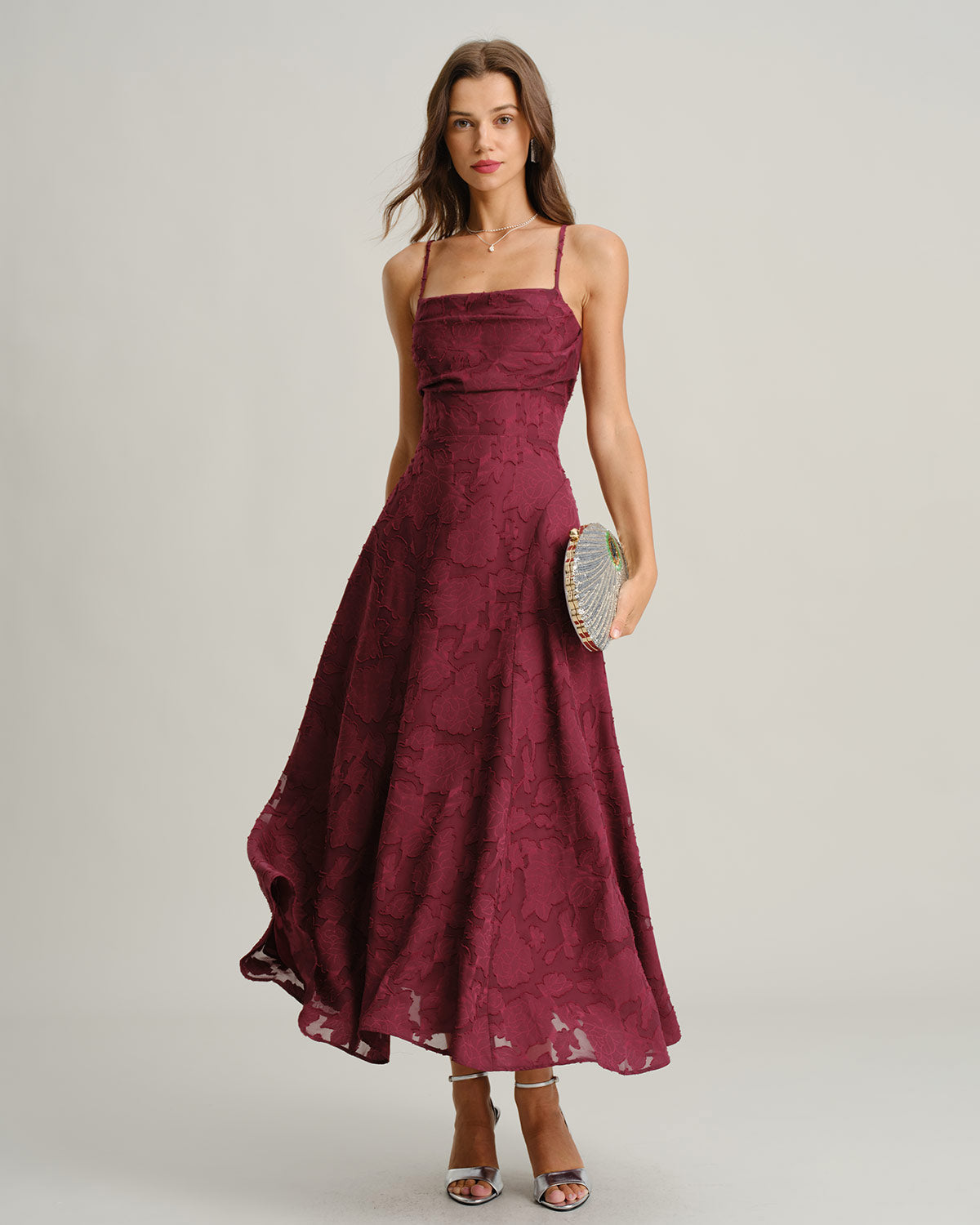 Bordo Jakarlı Slip Maxi Elbise