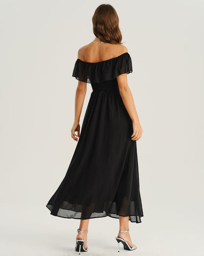 Siyah Off The Shoulder A Kesim Maxi Elbise