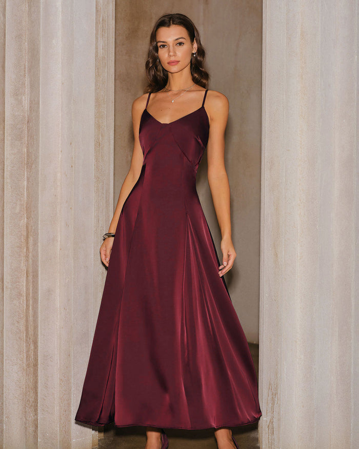 Bordo Saten A Kesim Slip Maxi Elbise