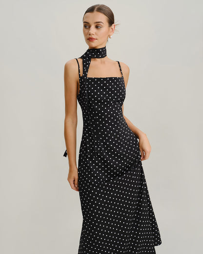 Siyah Puantiyeli Degaje Yaka Slip Maxi Elbise
