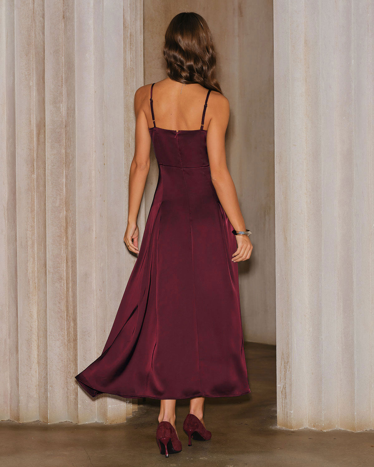 Bordo Saten A Kesim Slip Maxi Elbise