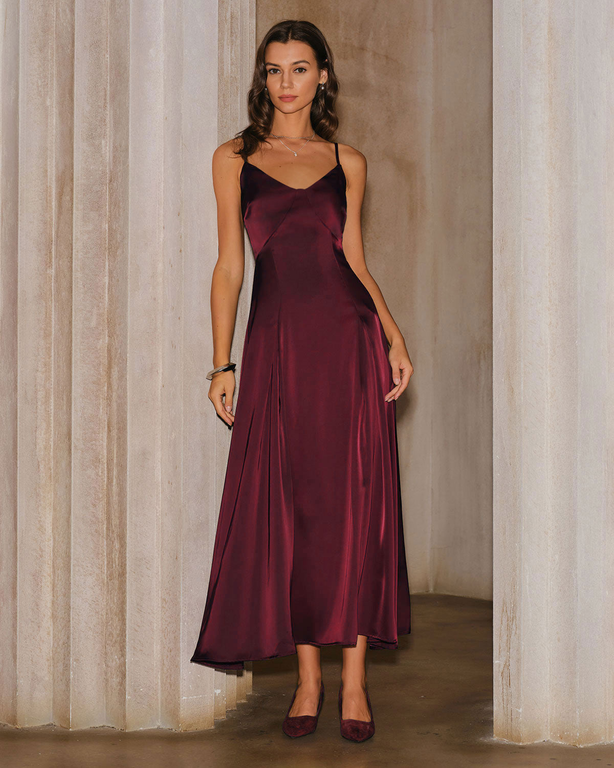 Bordo Saten A Kesim Slip Maxi Elbise