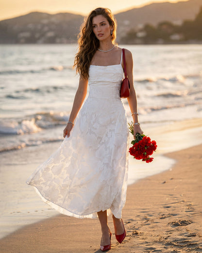 Beyaz Çapraz Jakarlı Slip Maxi Elbise