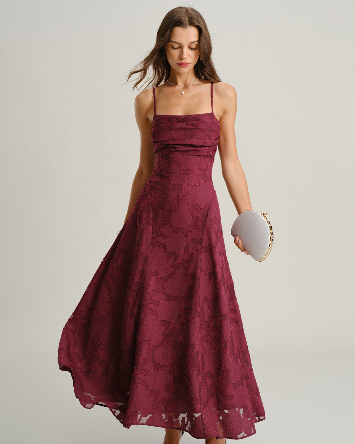 Bordo Jakarlı Slip Maxi Elbise
