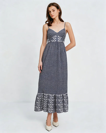Siyah Ekoseli Slip Midi Elbise
