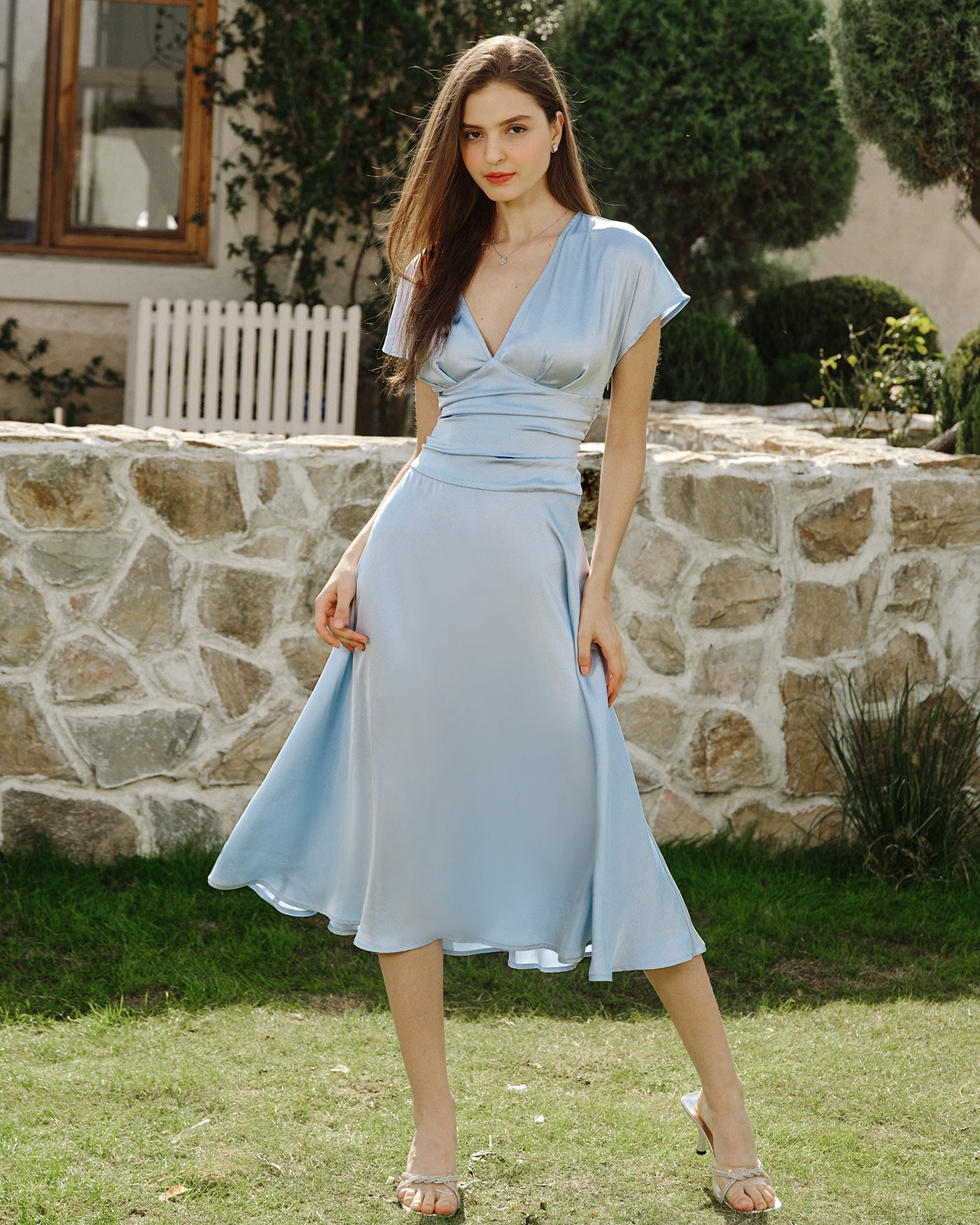 Mavi Drop Shoulder Pileli Midi Elbise