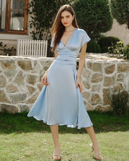 Mavi Drop Shoulder Pileli Midi Elbise