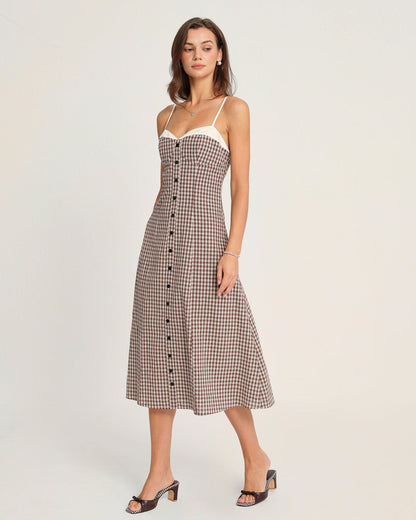 Kahve Ekoseli Slip Midi Elbise