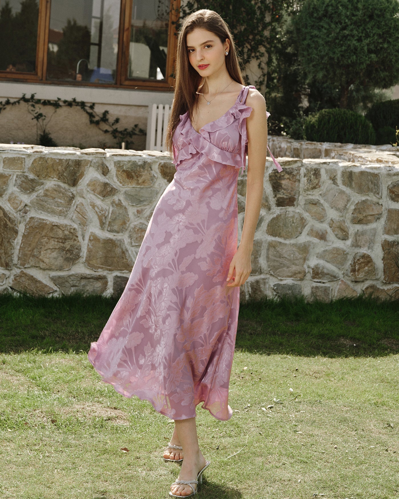 Mor Jakarlı Slip Maxi Elbise