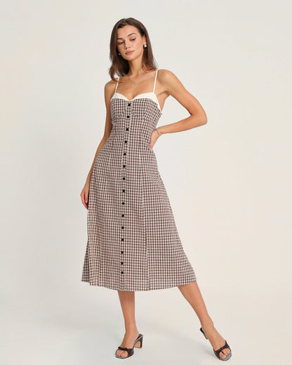 Kahve Ekoseli Slip Midi Elbise