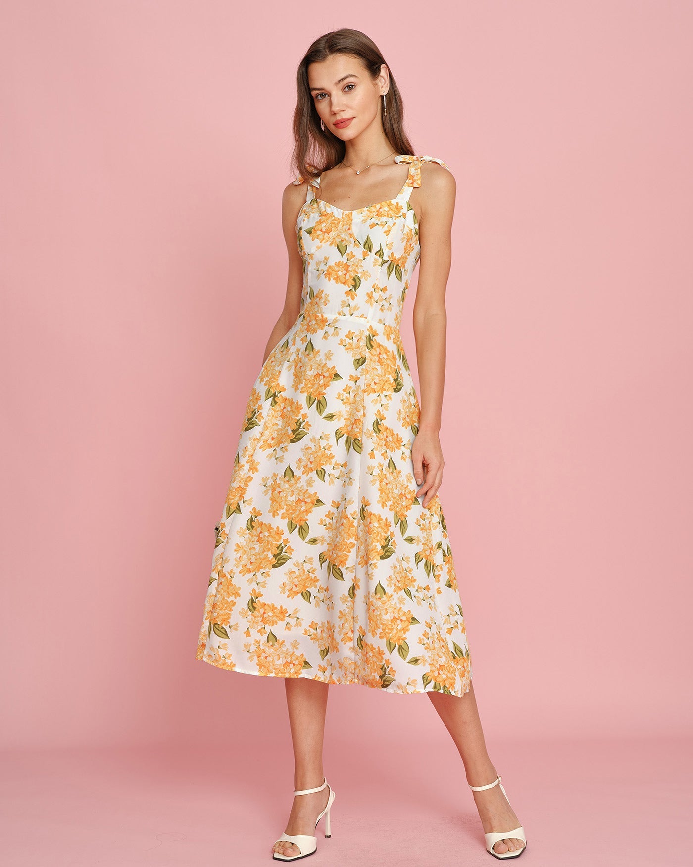 Turuncu Çiçek Desenli Slip Midi Elbise