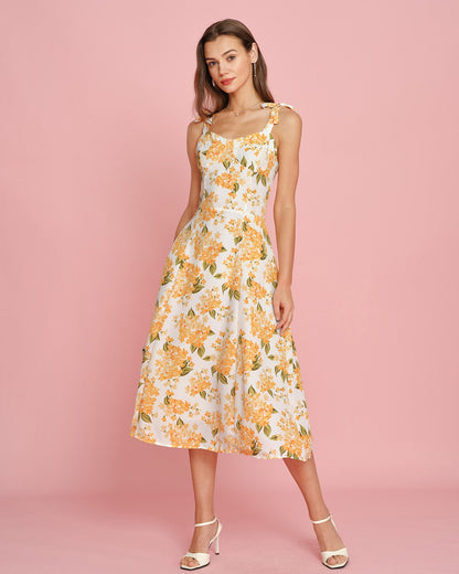 Turuncu Çiçek Desenli Slip Midi Elbise