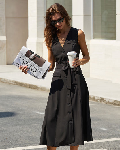 Siyah V Yaka Belted Kolsuz Midi Elbise