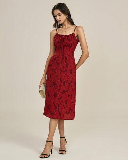 Kırmızı Büzgülü Çiçek Desenli Slip Midi Elbise