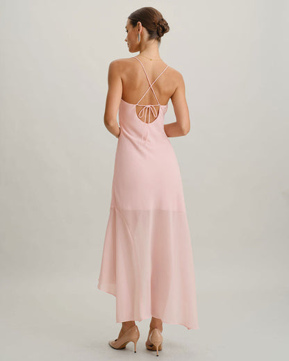 Pembe Şifon A Kesim Slip Midi Elbise