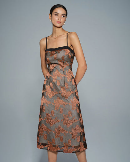 Karamel Çiçek Desenli Slip Midi Elbise