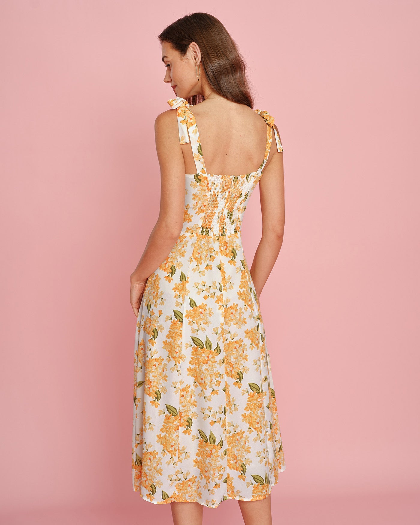 Turuncu Çiçek Desenli Slip Midi Elbise