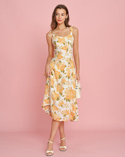 Turuncu Çiçek Desenli Slip Midi Elbise