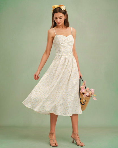 Sarı Kalp Yaka Çiçek Desenli Slip Midi Elbise