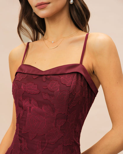 Bordo Kalp Yaka Jakarlı Slip Midi Elbise