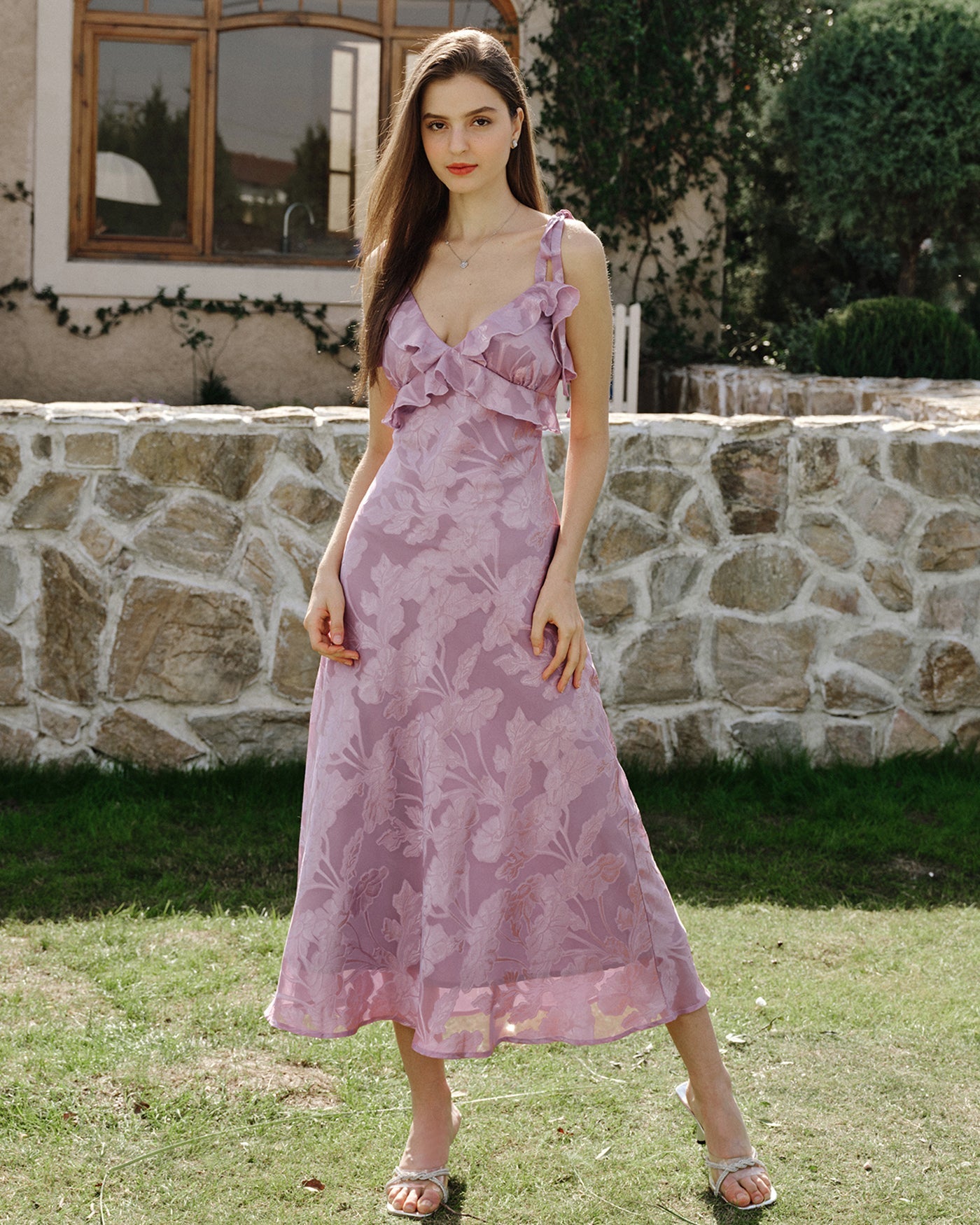 Mor Jakarlı Slip Maxi Elbise