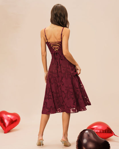 Bordo Kalp Yaka Jakarlı Slip Midi Elbise