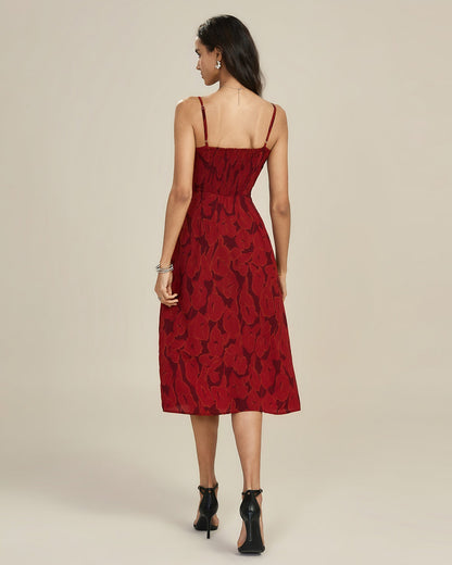 Kırmızı Büzgülü Çiçek Desenli Slip Midi Elbise