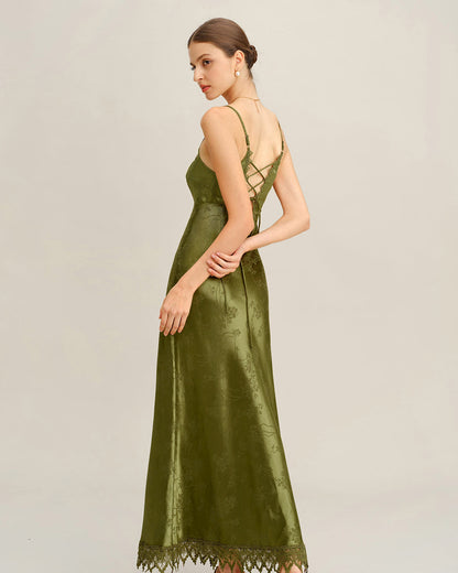 Yeşil Jakarlı Corset Slip Maxi Elbise