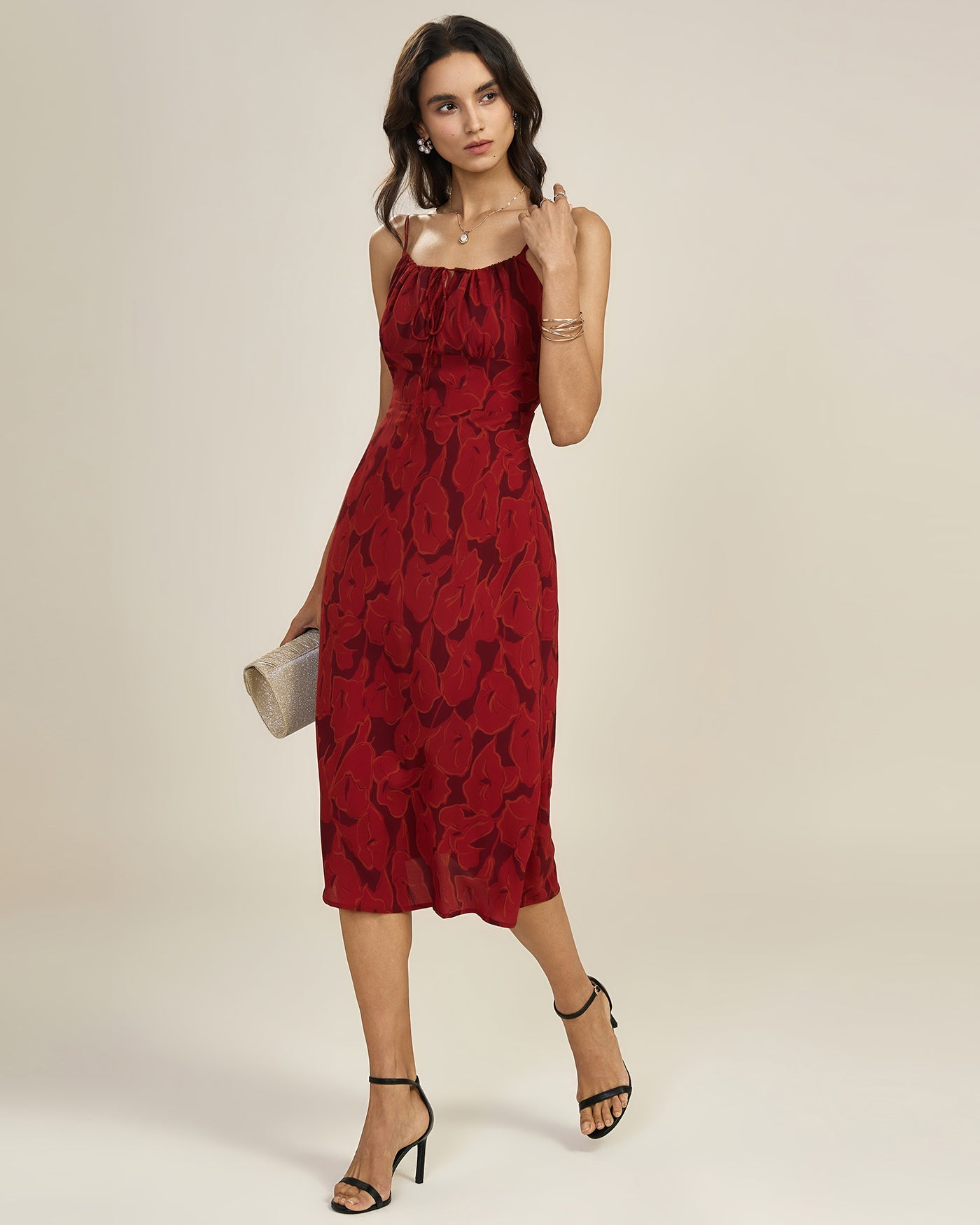 Kırmızı Büzgülü Çiçek Desenli Slip Midi Elbise