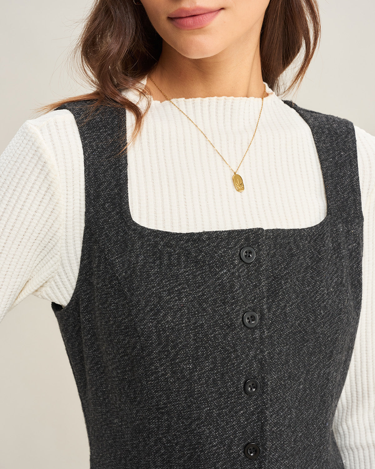 Gri Tweed Kolsuz Midi Elbise