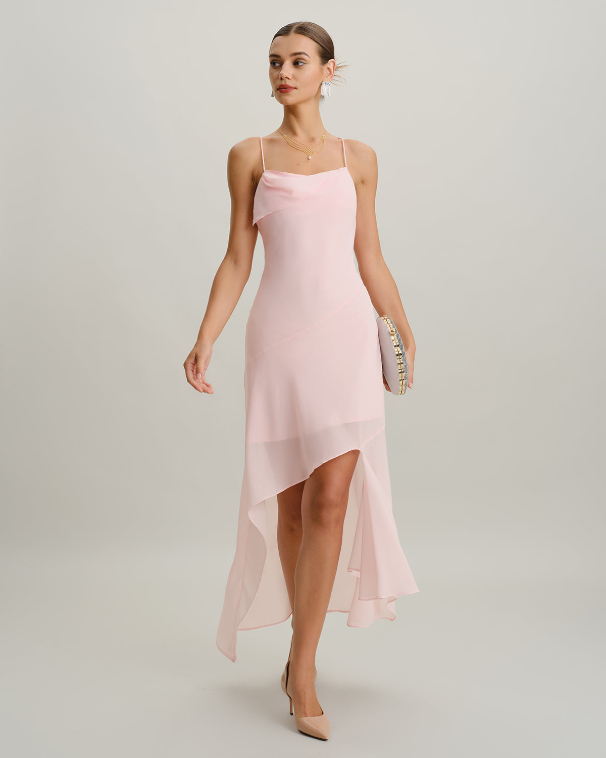 Pembe Şifon A Kesim Slip Midi Elbise